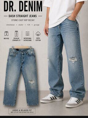 Dr. Denim Dash Stone Cast Rip Decay Distressed Light Blue Straight Jeans 34x 32